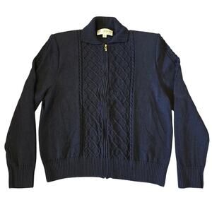 St John Santana Knit Navy Cable Zip Cardigan Jacket Sweater Size 12 USA